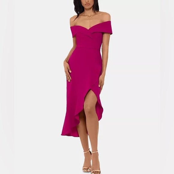 XSCAPE Off-The-Shoulder Midi Dress Magenta Pink Size 2 - Picture 1 of 2